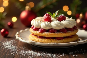 Warm golden light emanates from a Christmas dessert display, golden light, christmas desserts, sweet treats