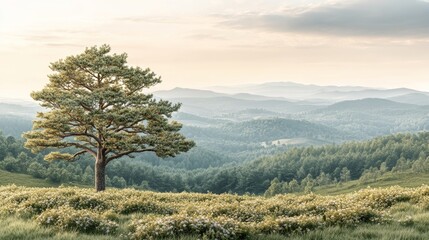 Obraz premium Serene Hilltop Landscape with Solitary Tree Panoramic View Breathtaking Scenery Nature Photography
