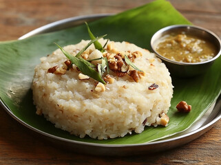 Traditional South Indian Oat Pongal Served with Rice and Nuts on a Banana Leaf