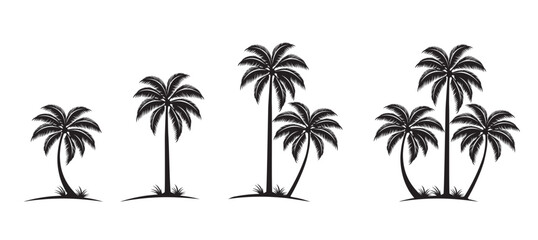 Set of palm coconut trees silhouette vector illustration on isolated white background sea beach