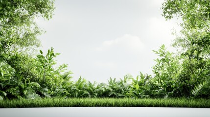 Lush green foliage framing a tranquil scene. Ideal for nature-themed designs