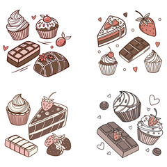 Carton-style vector, set of chocolate sweets. All uses of chocolate. Cocoa bean in cooking. Delicious food, cheat meal day vector illustration.