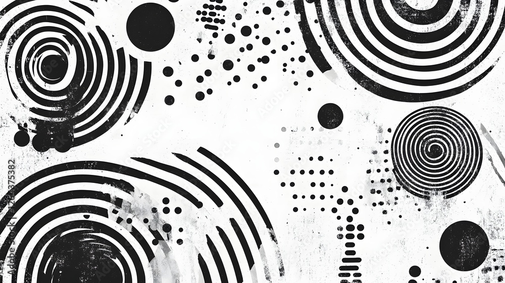 Poster Mesmerizing abstract graphic design with a captivating arrangement of monochrome circles dots and lines creating a bold modern and visually striking pattern