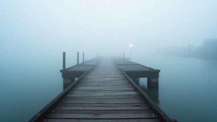Naklejka premium A serene pier with fog over the water, creating a peaceful and reflective atmosphere for a tranquil moment.