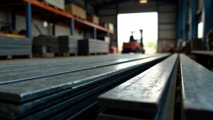 A forklift is in a warehouse with a row of metal bars