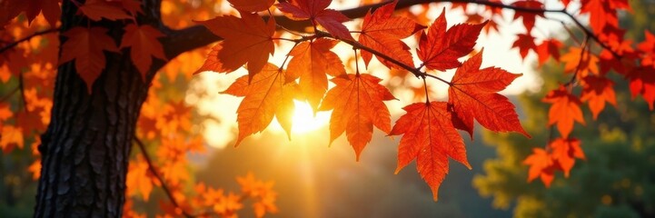 Obraz premium Warm sunlight filters through the branches of a colorful fall tree , warm, sunlight, natural light