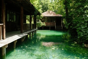 Waterway wooden houses in forest used for relaxation & nature travel background
