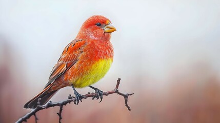 Small Red And Yellow Bird Perched On Branch In Winter