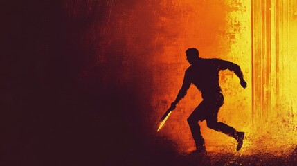 Silhouette of a Person with Sword Against an Abstract Orange Background