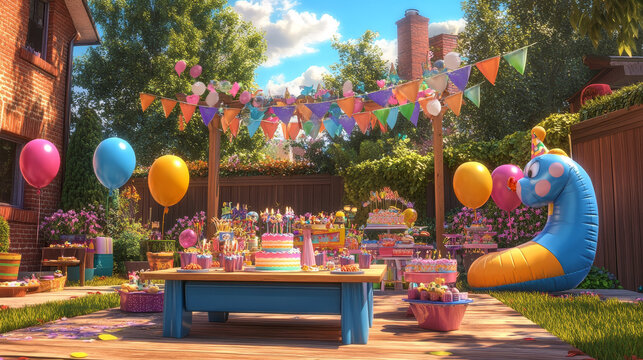 Happy birthday poster with party decorations on backyard and children. Vector banner with cartoon illustration of kids celebrate holiday in garden with inflatable tube man, balloons and cake