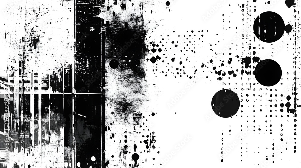Aufkleber Mesmerizing Abstract Monochrome Splatter and Geometric Shapes Digital Art Background  Dynamic energetic and visually captivating