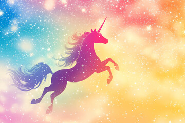 Rainbow background with winged unicorn silhouette with stars. Pastel color sky. Magical landscape, abstract fabulous pattern. Cute candy wallpaper