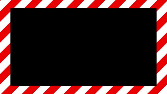 Animated diagonal red and white stripes move leftward around black screen center. Clean border design combines festive candy cane pattern with attention-grabbing warning aesthetics.
