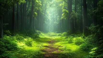 Fototapeta premium Sunlit Forest Path Mystical Green Canopy Lush Foliage Tranquil Nature Scene