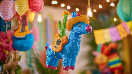 Obraz premium Mexican pinata for birthday party cartoon icon. Mexico cinco carnival game for children with candy isolated graphic. Cactus, sombrero, cube, star and guitar traditional decoration set for hitting