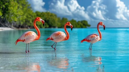 Obraz premium Flamingos walking in tropical waters caribbean beach wildlife photography scenic environment vibrant viewpoint