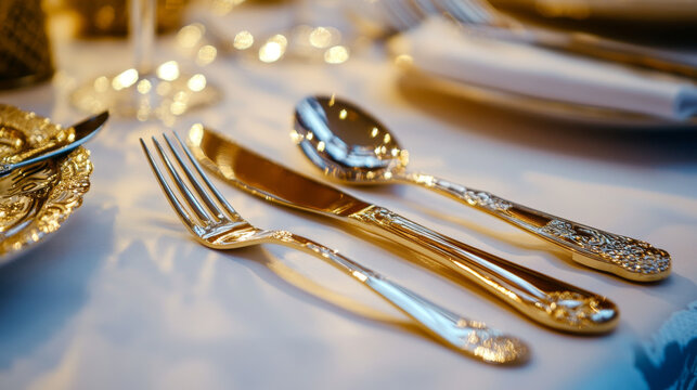 3d cutlery of golden and silver color fork, knife and spoon set. Silverware and gold utensil, catering luxury metal tableware top view. isolated on white background, Realistic vector illustration,