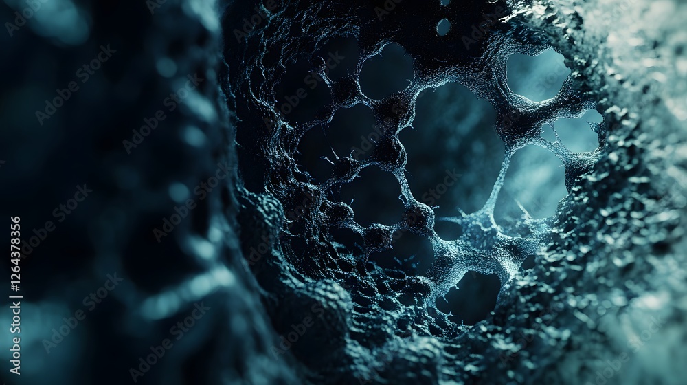 Aufkleber Mesmerizing and visually captivating frozen underwater liquid texture with intricate organic patterns and bubbles in dramatic moody aqua tones  This surreal