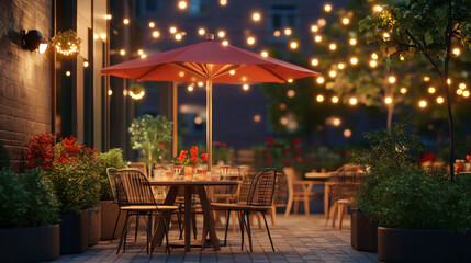 Obraz premium Cafe or restaurant terrace with table, umbrella and chairs at night. Vector cartoon illustration with outdoor cafeteria. Summer cityscape with cafe patio with plants and garland lights in evening