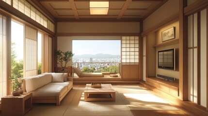 Obraz premium Elegant japanese style living room with cityscape view