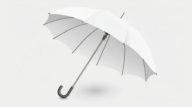 White 3d isolated blank umbrella mockup vector. Realistic parasol with handle mock up for branding and advertising set. Rain weather season fashion. Various waterproof open object front and top view