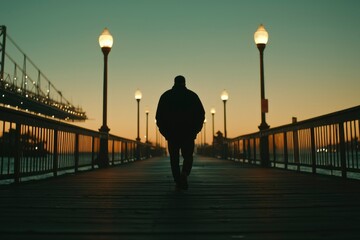 Fototapeta premium Man walks on pier at dusk by bay bridge for contemplation, self discovery