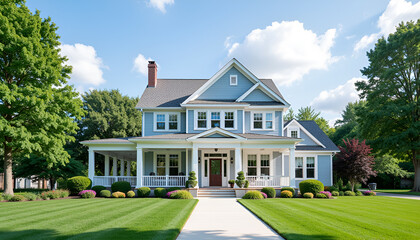 Charming blue home with manicured lawn - family living concept