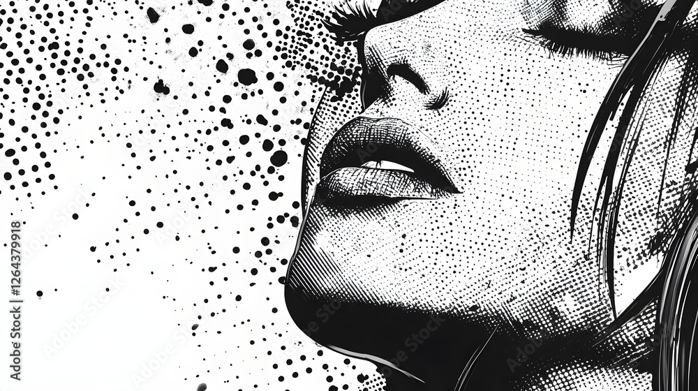 Poster Mesmerizing close up portrait of a woman s face with a dramatic monochrome aesthetic featuring an abstract dot pattern backdrop that adds a sense of mystery and intrigue to the captivating image