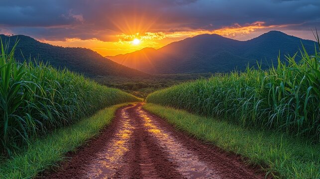 Serene sunset over a dirt road winding through lush sugarcane fields in a mountainous landscape