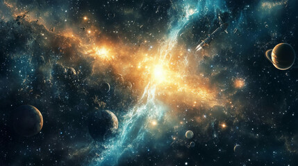 Fototapeta premium Space exploring cartoon banners with cute alien, ufo saucer, astronaut, planets, rocket or shuttle with telescope. Fantasy cosmic backgrounds with galaxy objects, vector illustration, posters set