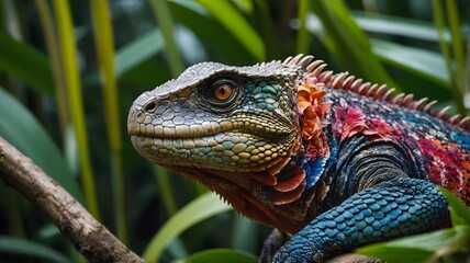 Obraz premium Colorful Sauria Resting on Branch Surrounded by Tropical Flowers