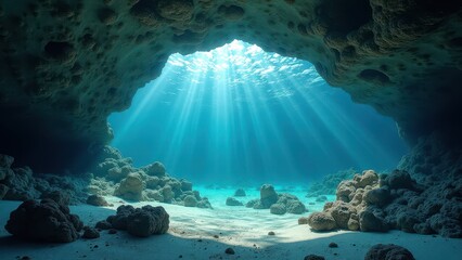 Obraz premium Underwater cave with sunlight streaming through rocky opening into clear water 