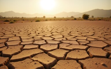 A barren landscape with cracked earth and the sun setting behind distant mountains.