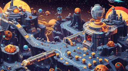 Space game level map with spaceship and alien planets, cartoon 2d gui landscape, computer or mobile arcade with platform and bonus items. Cosmos, universe futuristic background vector illustration