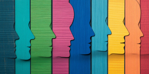 Colorful silhouette profiles of diverse faces symbolizing diversity and unity