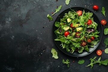Vibrant Green Salad: Avocado, Tomato, and Arugula in Dark Artistic Style
