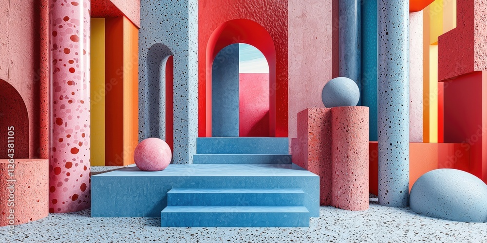 Leinwandbilder An abstract scene that integrates 3D patterns into a refined composition, blending diverse forms and colors to achieve a modern and engaging visual effect.