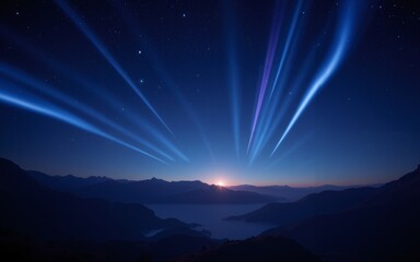 Fototapeta premium A breathtaking twilight landscape showcasing beams of light cutting through a starry night sky over tranquil waters.