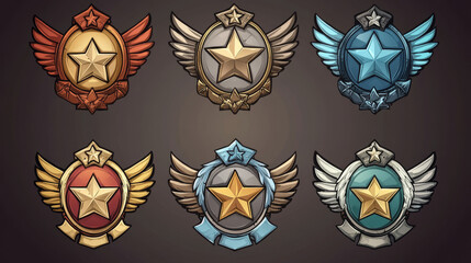 Fototapeta premium Military game ranking badge set with star insignia. Vector cartoon illustration of award medals with stone, iron, silver, gold texture and scretches. Level achievement icons decorated with wings