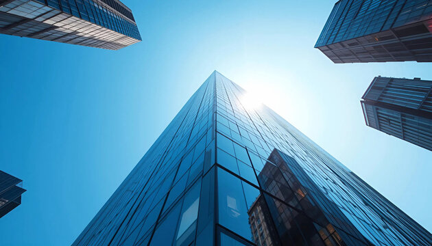 Modern business office stunning Low angle view of modern skyscrapers in an urban, modern office, building with sun ray