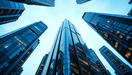 Modern business office stunning Low angle view of modern skyscrapers in an urban, modern office, building with blue sky