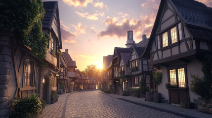 Obraz premium Medieval germany town street with old house at sunset vector. European ancient building in german city cartoon cityscape. Vintage timber cottage and suburban district exterior, victorian architecture