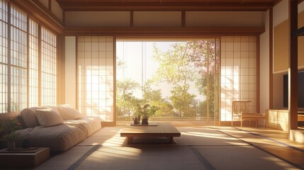 Fototapeta premium Bright and spacious Japanese style living room with garden view