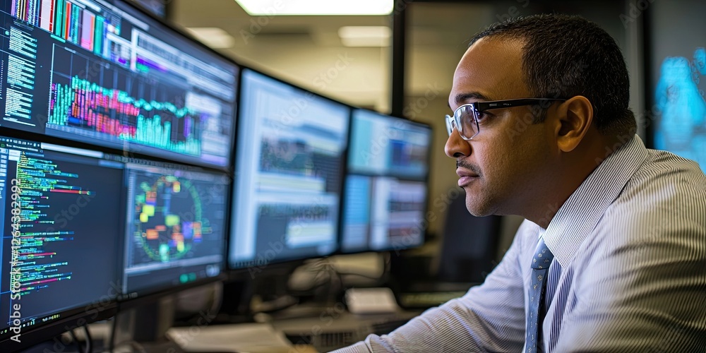 Poster Financial analyst reviewing cybersecurity protocols on a  ecure digital platform with a comprehensive layout.