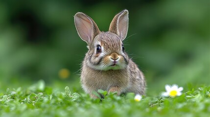 Fototapeta premium Cute rabbit sitting in lush green grass with wildflowers in a serene natural setting