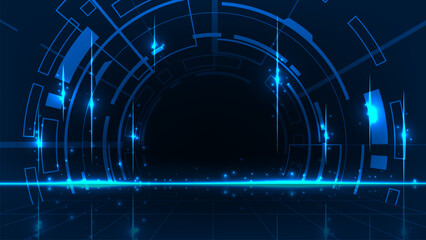 Obraz premium Glowing blue brain circuit with HUD. Technology abstract background.