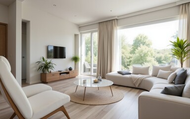 A bright, modern living room featuring natural light and stylish decor, perfect for relaxation.