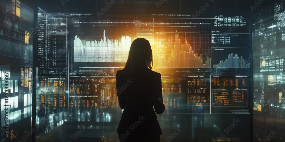 Poster Financial analyst reviewing economic model data on a digital platform, with clear visualizations and performance metrics in a modern interface.