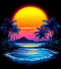 Naklejka premium A painting of a beach with palm trees. The mood of the painting is peaceful and serene