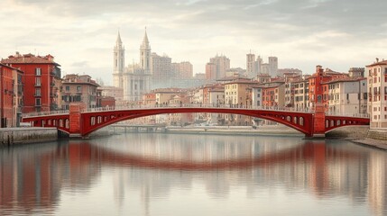 Fototapeta premium Picturesque Red Bridge over Canal Historic European Cityscape